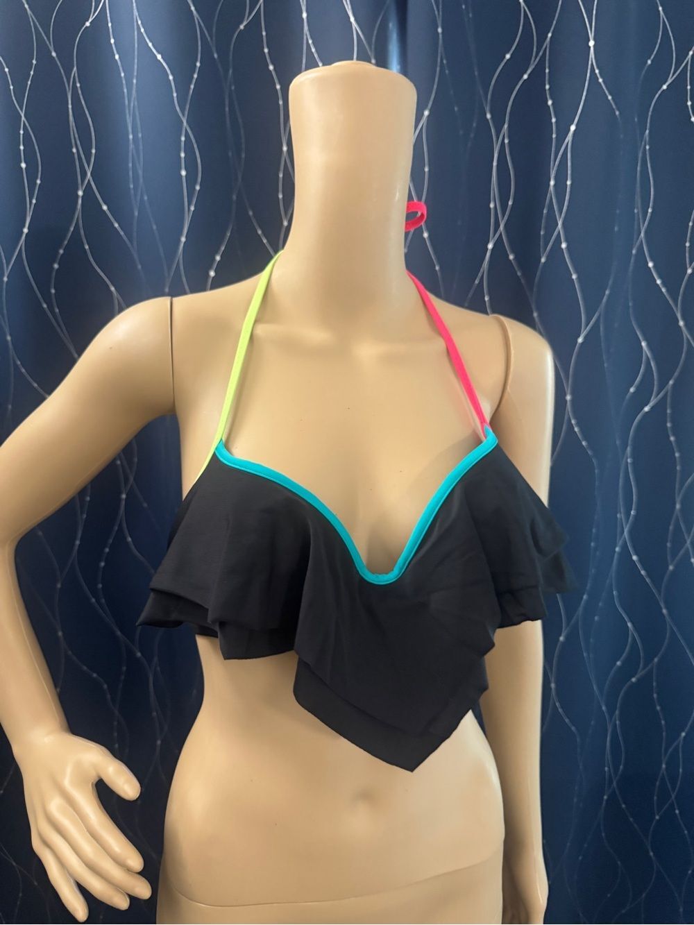 PINK Victoria’s Secret Ruffle Bikini Top Black Neon Trim Halter M